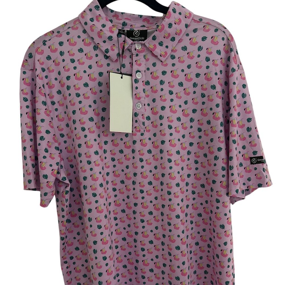 Greenside Golf Polo - NWT - Pink Flamingo/Drinks - Medium - Tropical